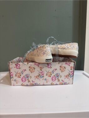 Superga Floral Lace-Up Sneakers in Cream, Pink, Blue